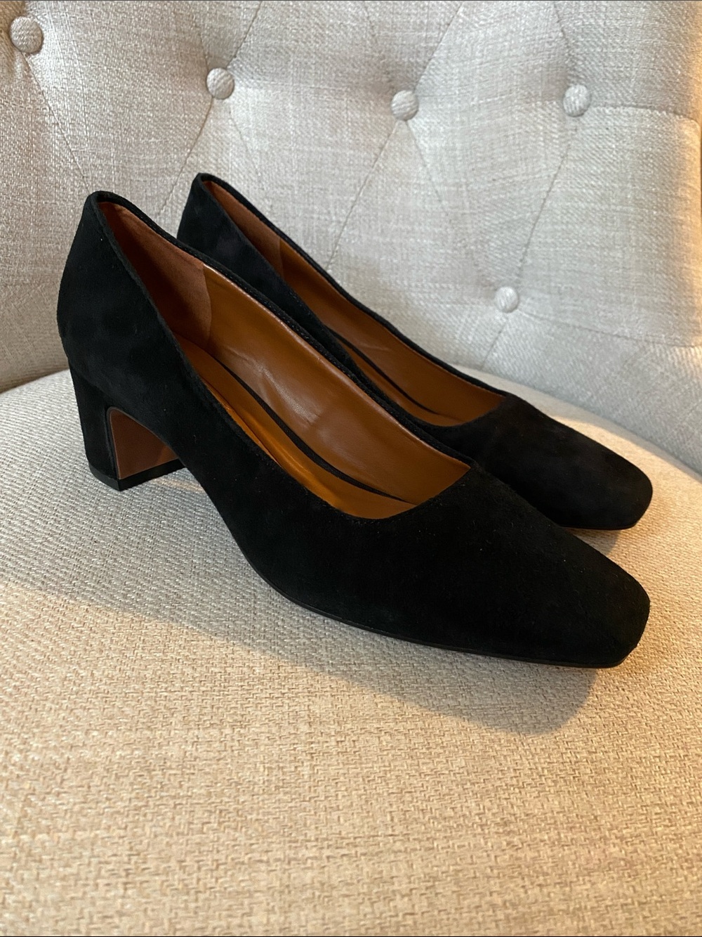 Franco Sarto Black Suede Low Block Heel Pumps